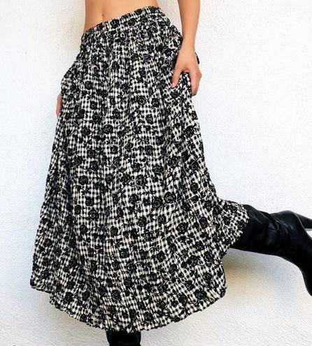 Coldwater Creek  90's Black Velvet Rose Print Gingham High Waist Midi Skirt