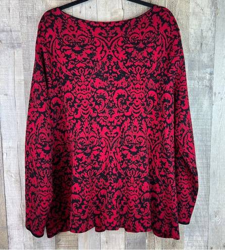 J.Jill  3X Red & Blaack Damask Print Rhinestone Long Sleeve Crewneck Sweater