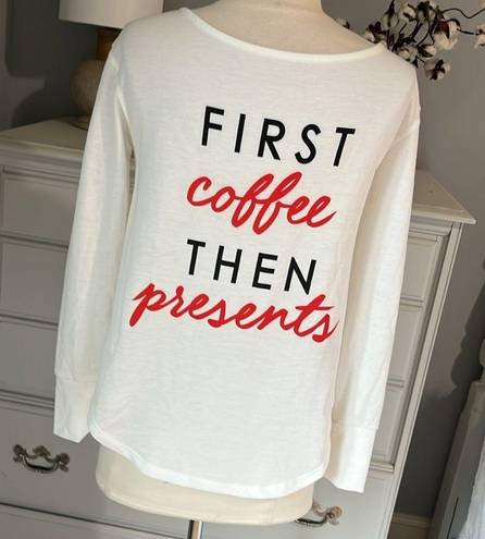 True Craft Christmas Shirt First Coffee then Presents Womens XS White Red Oversized Top