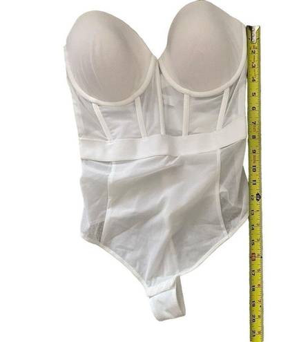 DKNY  Women's 34D Sheer Mesh-Panel Thong Bodysuit  White Strapless Stretchy Slim