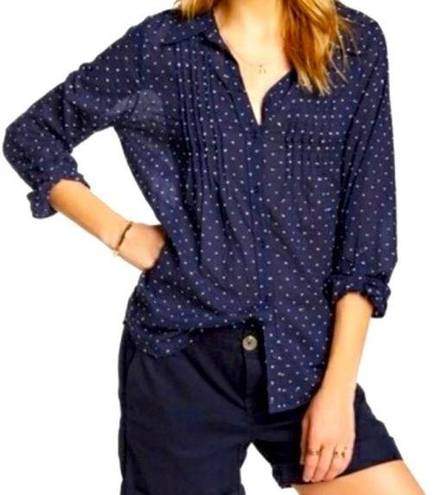 Joie  Marvella Navy Blue White Textured Polka Dot Pleated Button Down Size S