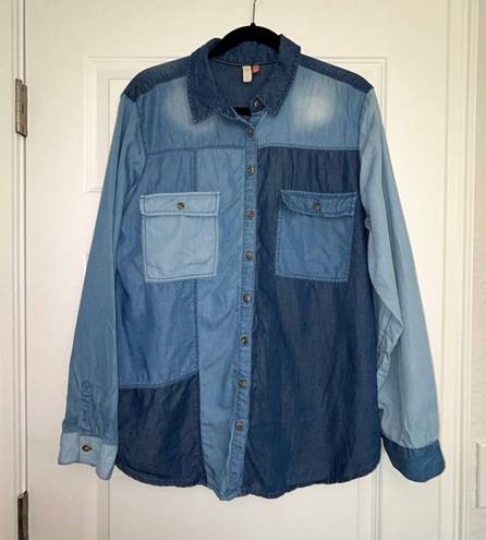 Pilcro Anthropologie Color Block Chambray Denim Long Sleeves Button Front Shirt Top