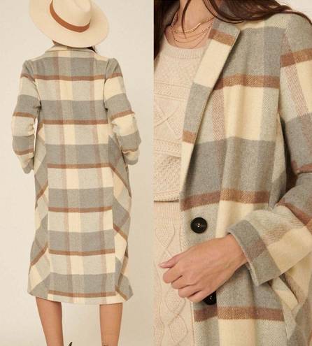 NWT Plaid Long Length Pea Coat Jacket Flannel Preppy Classic Retro Gray Cream XS