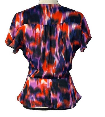 Parker  Small Peplum Top Hook 'n Eye Closure Tie Front Cap Sleeve Abstract V-Neck