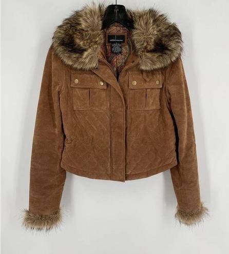 Moda Vintage 90s  International Brown Leather Jacket with Faux Fur Trim - Small