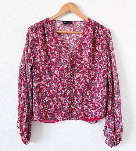 Blossom Revolve NICHOLAS Red Silk  Ditsy Micro Floral Ruffle Blouse