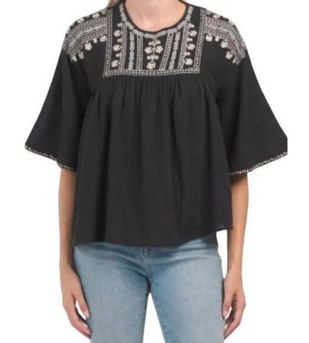 Mango NWT MNG by  Black Embroidered Gauze Blouse Size Small