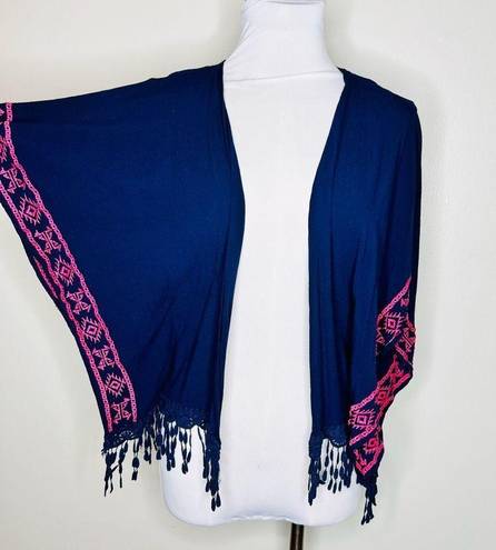 belle du jour  Kimono Cardigan XS Navy Blue Embroidered Dolman Open Front Fringe