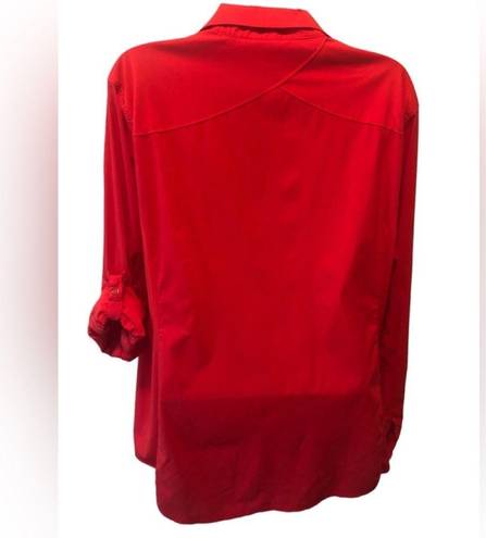 Rei Co-op REI Hiking Top Blouse Sz. XL Red Full Snap Chest Pockets Roll Tab Sleeve Stretch