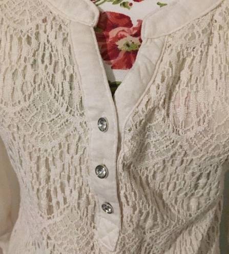 belle du jour Crochet Front Henley Button Blouse Top Ivory White