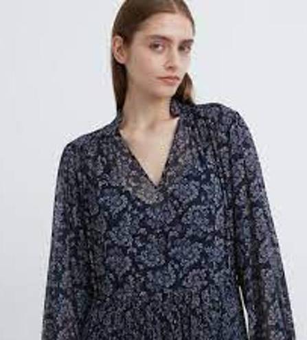 Uniqlo Uniqulo Printed Chiffon Pleated Long Sleeve Dress Womens Size Large Blue NWT NEW