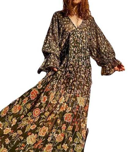 Rococo  Sand Hana Printed Kaftan Maxi Dress Black Metallic Thread Size XS NWT