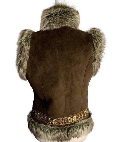 INC Vintage Y2K  Faux Fur Lined Vest M Brown Microfiber Hook Closure Rhinestones