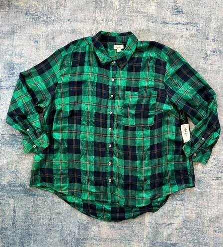 Style & Co Plus Size Boyfriend Sparkle Emerald Green Plaid Button Down 3X