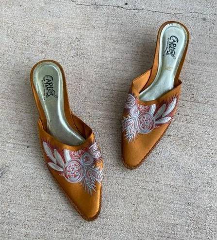 Carlos Santana Kitten Heels Brown Satin Embroidered Shoes Mules Slides, Size 7.5