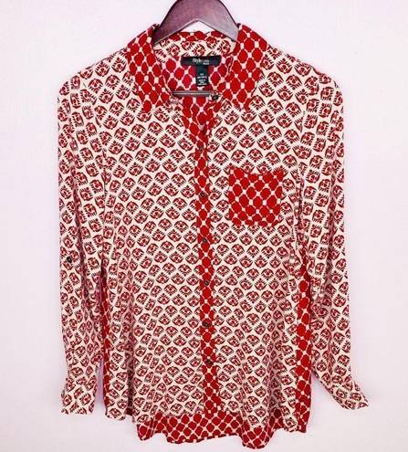 Style & Co . Dual Geometric Print Button Front Shirt Red Cream Petite Small