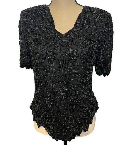 Laurence Kazar Vintage  New York Black Beaded V Neck Short Sleeve silk xl Top