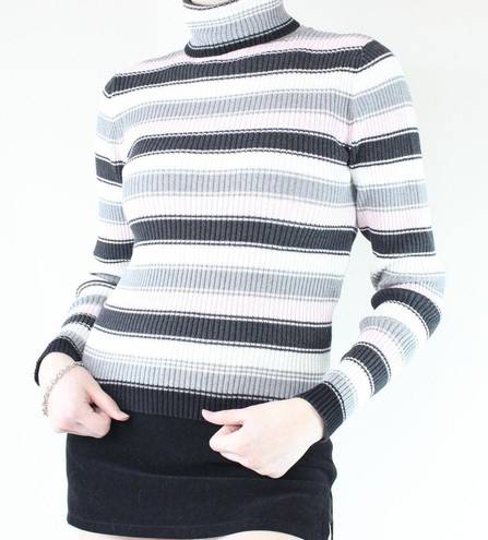 Q&A Grey, White, Pink & Black Striped Ribbed Turtleneck