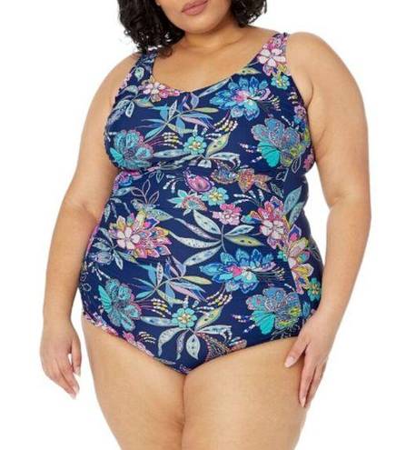 Maxine of Hollywood Women's Plus Size  Shirred Swimsuit Navy Blue Floral Size 18