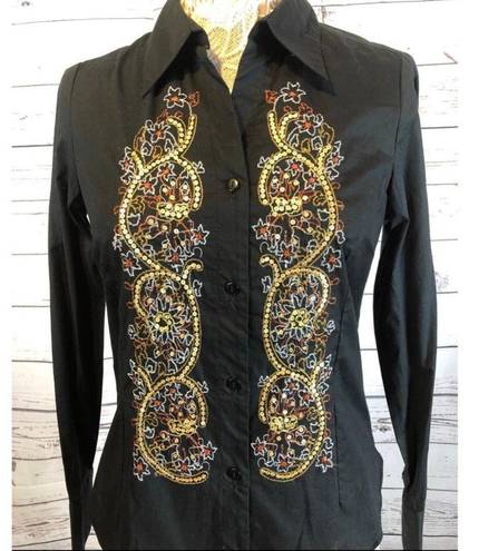 Coldwater Creek NWT  embroidery & sequence  black button down size XS