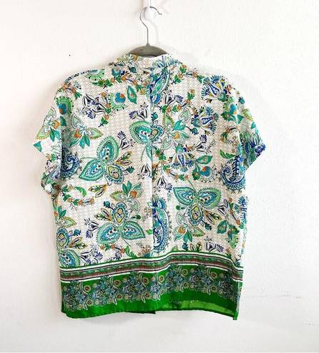 Joie  Blouse White & Green Paisley Pattern Short Sleeves Button Up Top Sz S EUC