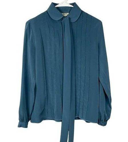 St. John  Blue Blouse 6 Vintage Pleated Collared Button Up 70s 80s