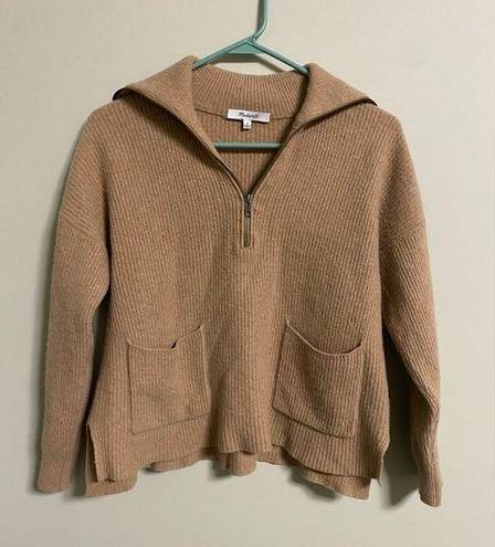 Madewell  Merino Wool Blend Quarter Zip Popover Sweater Size Medium Camel Pockets