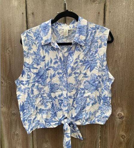 Joie Women's  Blue Floral Tie Front Button Down Rayon Blend Print Large