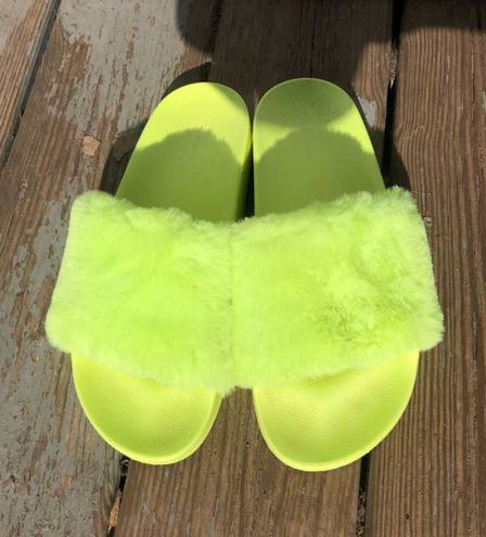 PacSun Neon Green Furry Slides