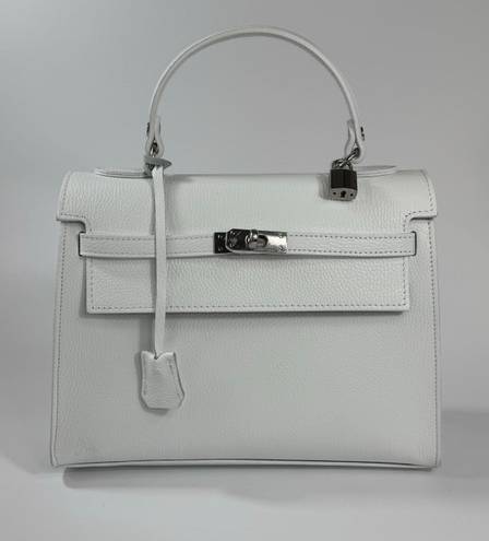 Vera Pelle Genuine Leather Handle Bag with a Strap Lock and Key | Made in Italy | Orange | White | Silver Accents