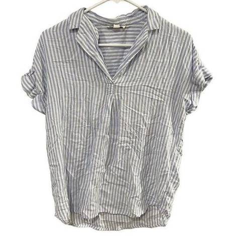 BeachLunchLounge  Women's Blue White Striped Collared Short Sleeve Shirt Small