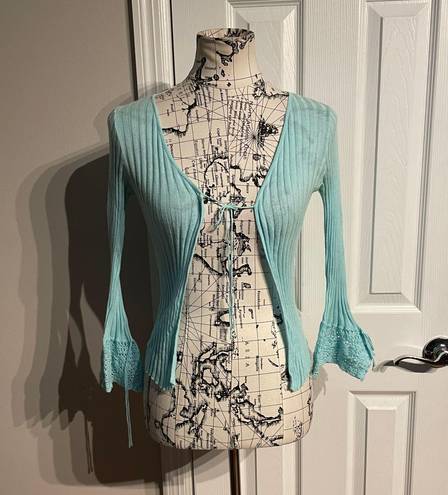 GUESS Jeans Vintage y2k Bolero Mint Ribbed Knit Flounce tie Sleeve Coquette Coastal Colorful Pastel Shrug Shawl Crop Cardigan ribbed summer fest western cottage