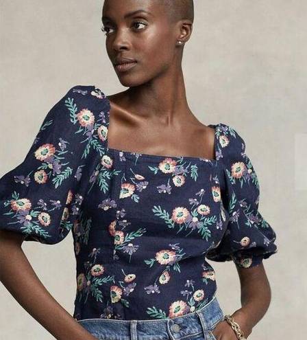 Polo  Ralph Lauren Stan Linen Blue Floral Puff Sleeve Square Neck size 8