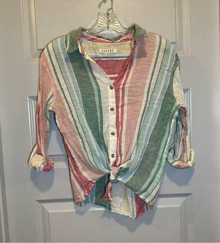 Harper  Multicolor Striped 3/4 Roll Tab Sleeve Button Up Tie Knot Blouse XS