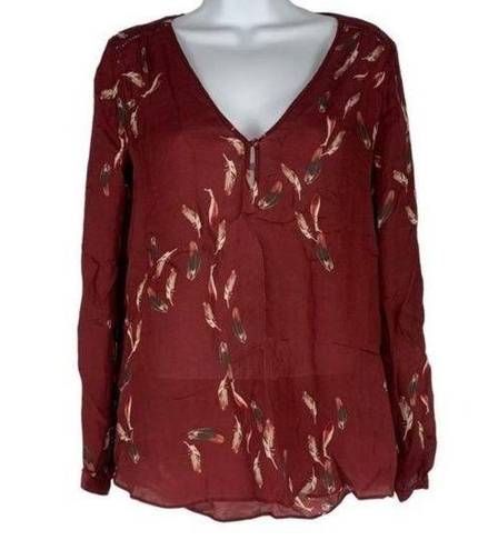 Massimo Dutti  Women’s 100% Silk Feather Print V-Neck Blouse Size 6