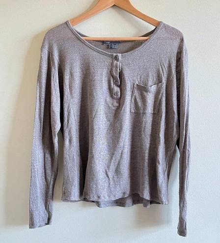 Vince  100% Linen Button Up Light Brown Henley Tee Top‎ Womens Size L Long Sleeve