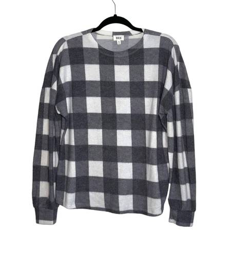 BKE Gray & White Buffalo Plaid Print Sherpa Pullover Sweater