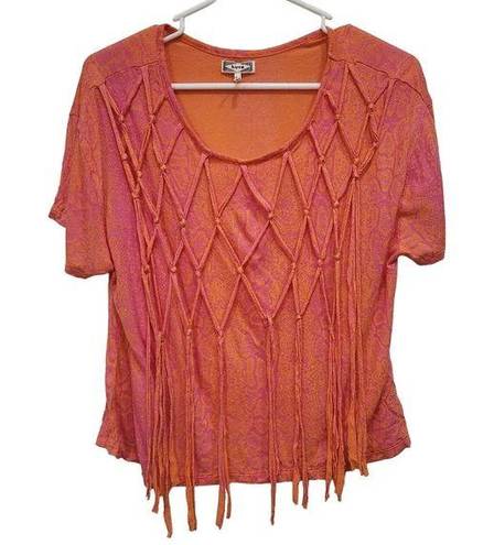 Kirra Pacsun  Orange Pink Knotted Woven Fringe Tassel Tee Shirt Top Size Medium