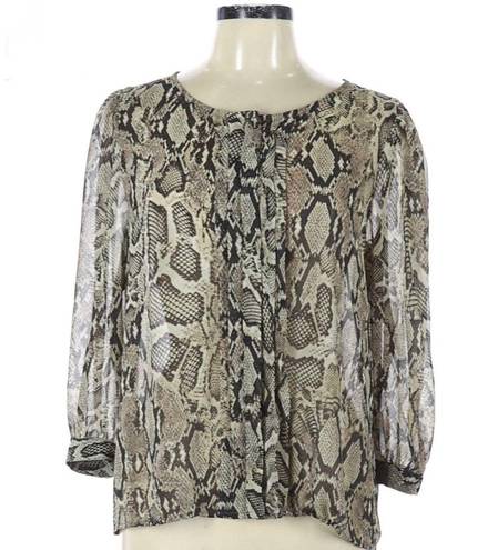 Mango  MNG Snake Print Blouse Tan Pleated Button 3/4 Sleeve Women’s 8