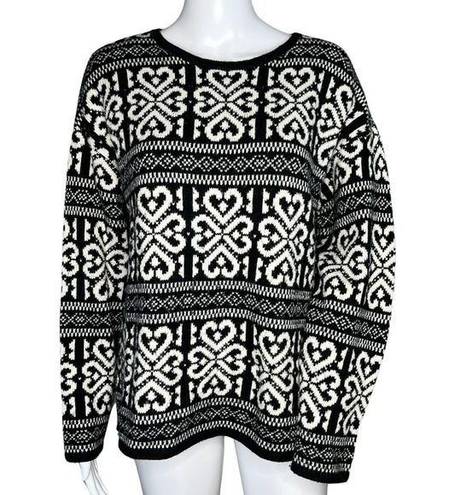 J.Jill  Sweater Womens Medium Black White Heart Fair Isle Wool Blend Casal Artsy