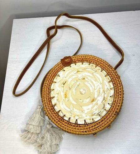 Wicker and Mother of Pearl Woven Crossbody Round Bag