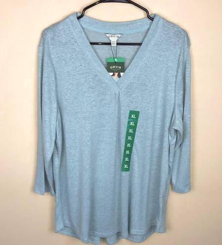 Orvis NWT  Women’s Linen Blend V-Neck Ether Green 7/8 Sleeve Shirt