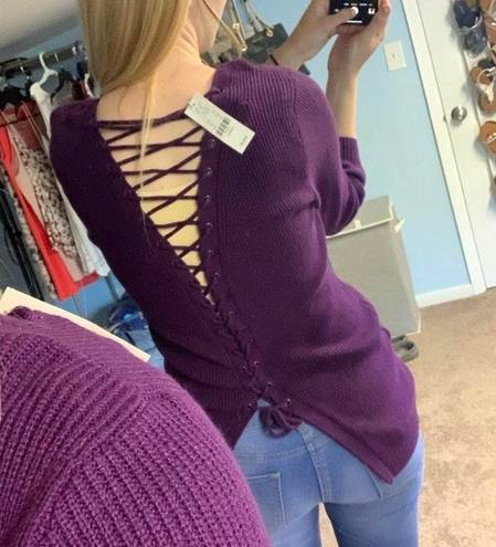 New York & Co. NY&C Purple Lace Up Back Knit Sweater