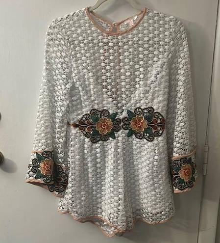 Luxxel White Embroidered Floral Romper with Bell Sleeves Size M