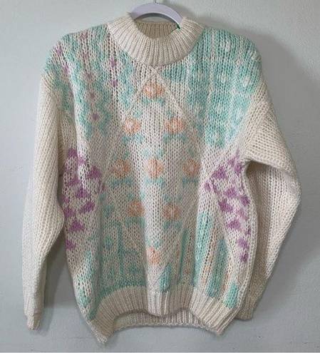 Vintage 1980s Pastel Kawaii Floral Print Knit Sweater Size L Size L