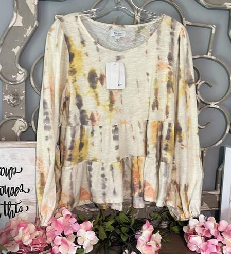 True Craft Ivory Tie Dye Tiered Top  Long Sleeve Cotton Blend Flowy Womens Medium