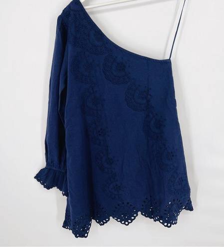 Hill House NWT  Mila Dress One Shoulder Navy Linen Blue Eyelet Sz S