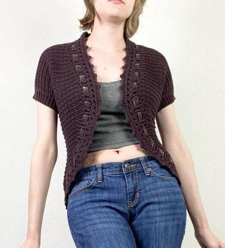 The Loft Vintage y2k Brown Crochet Knit Velvet Ribbon Shrug Cardigan Sweater