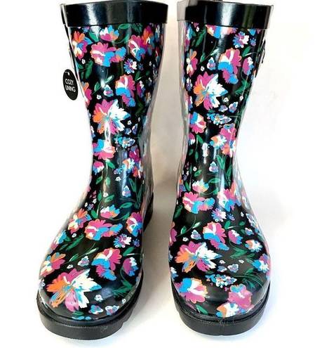 Capelli New York  Women Mid-Calf Rubber Rain Boots Lined Cozy Floral Flowers 9