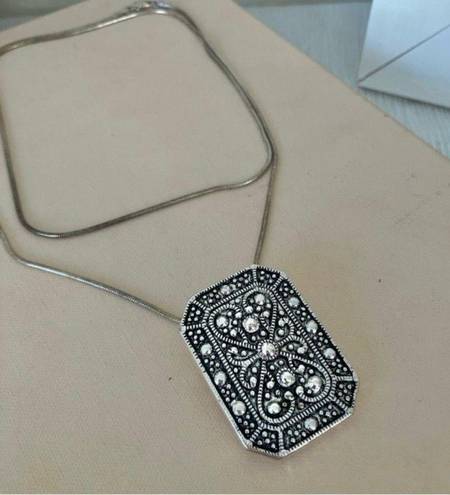 American Vintage Vintage “Jayne” Silver Tone Charm Pendant Necklace Rectangle Scroll Work Metallic Pin